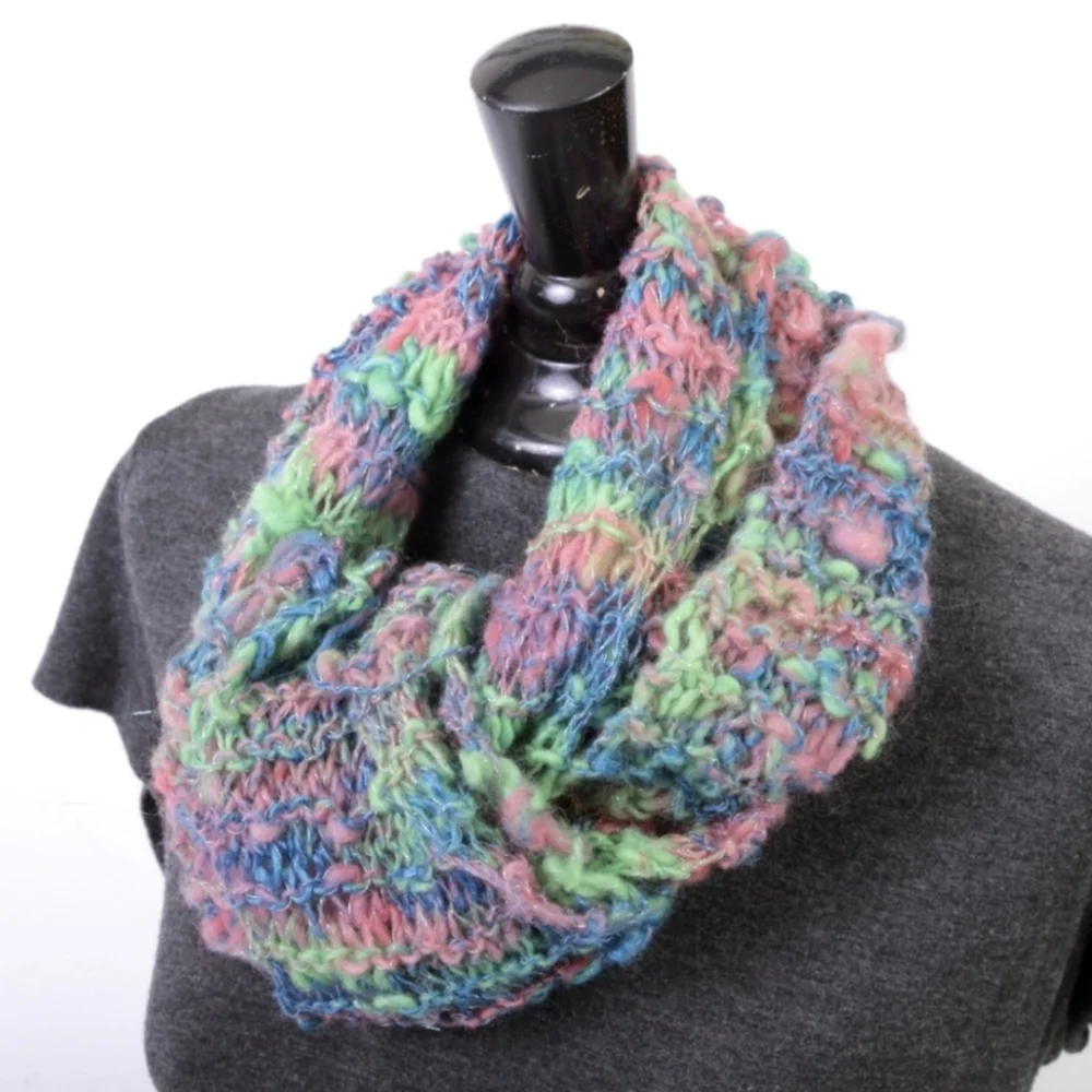 Scarf Handknit from Hand Spun Yarn Wool Bamboo & Silver Thread Handmade Unique